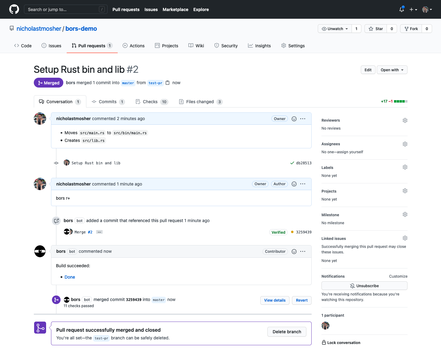A screenshot of the GitHub PR page showing Bors has merged the PR