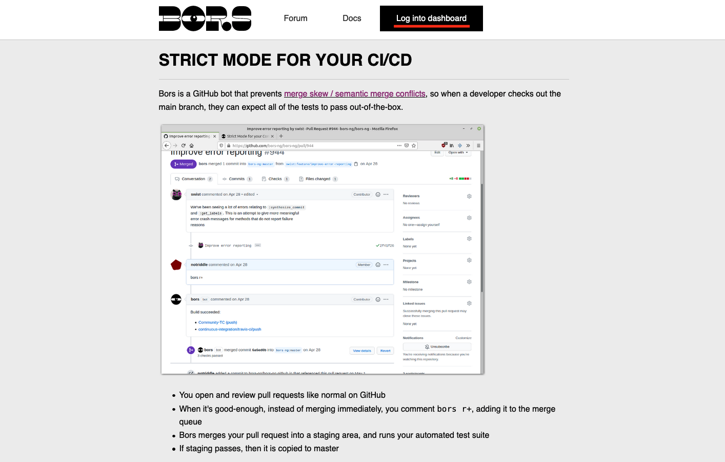 The Bors.tech homepage with a Dashboard login button