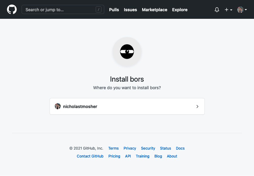 A screenshot of GitHub asking to install Bors on an account or organization